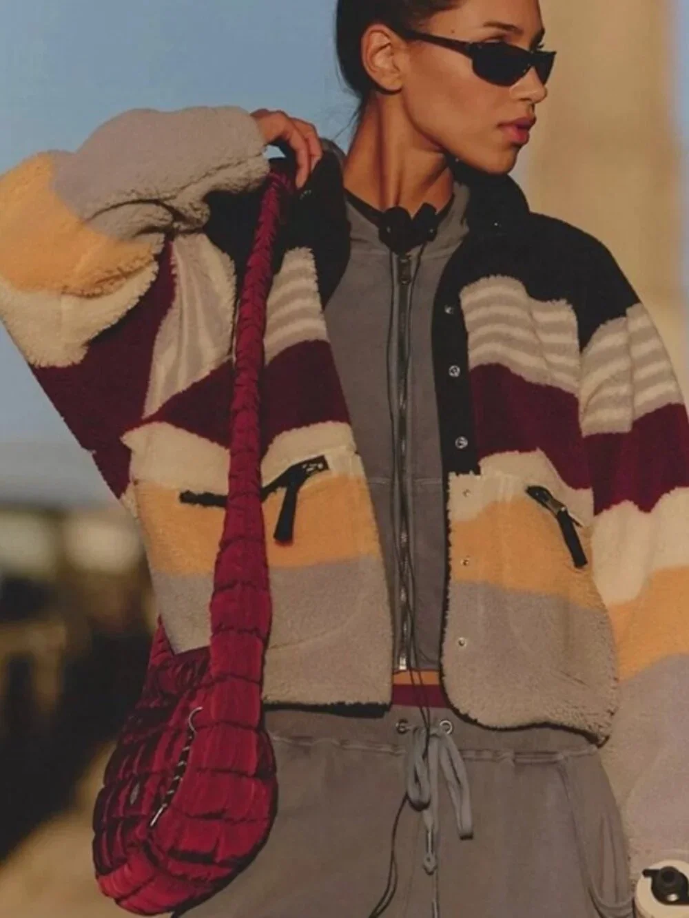NWOT Free People Movement Hit The Slopes Printed Fleece Jacket - Striped Small